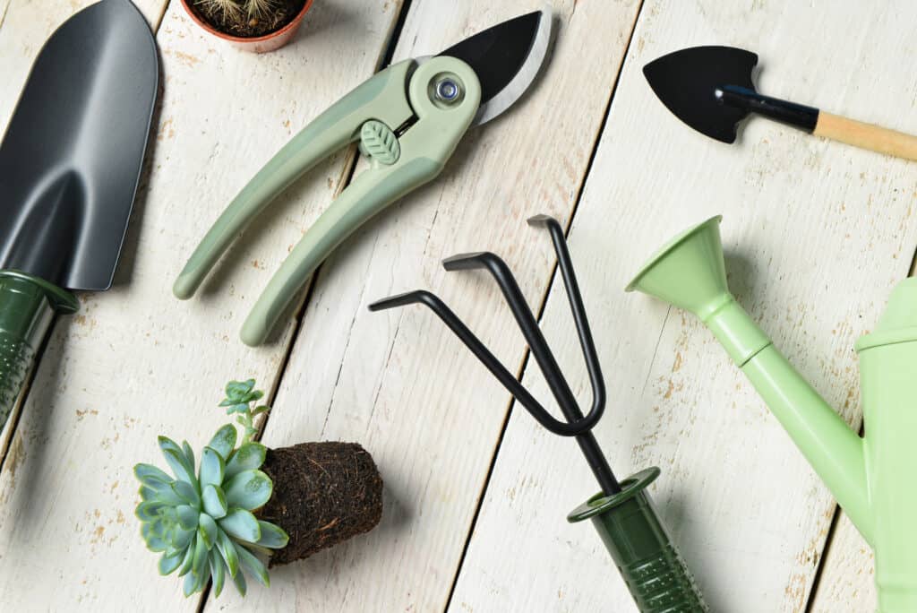 gardening tools, pruning spears, trowel, cultivator, 